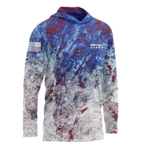 Patriotic-themed hoodie with abstract red, blue design.